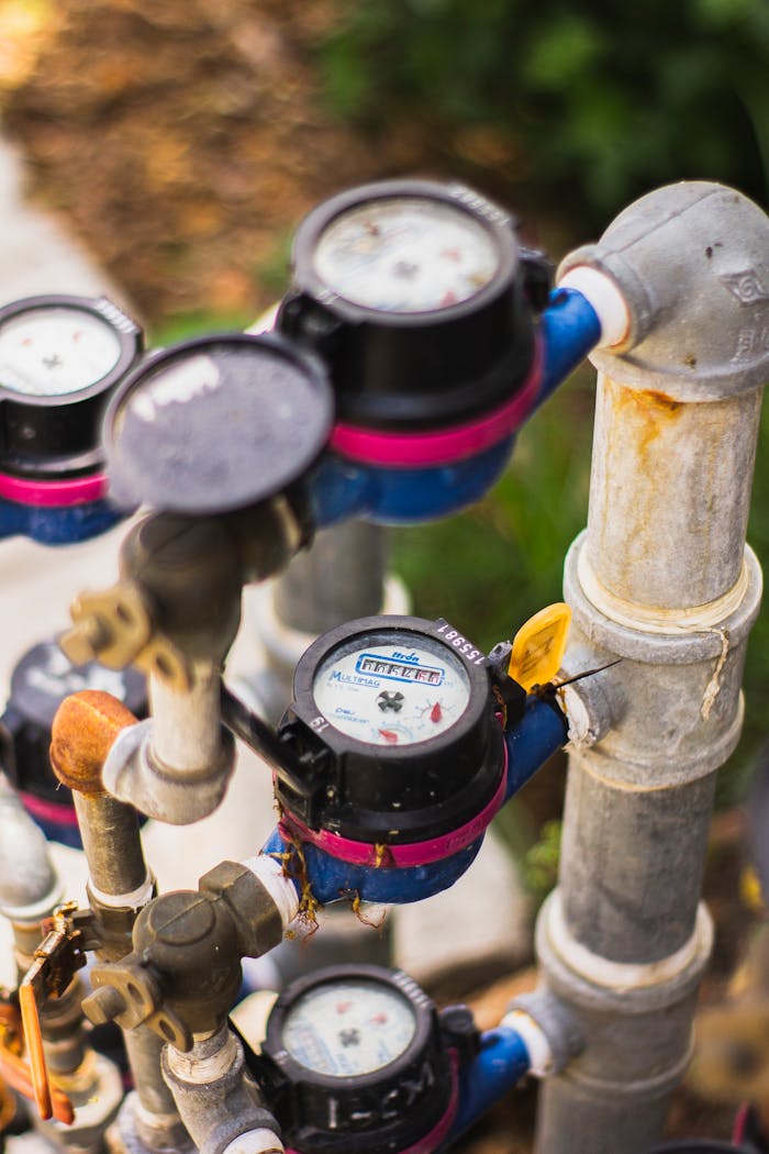 A detailed view of multiple water meters connected by pipes in an industrial setting.